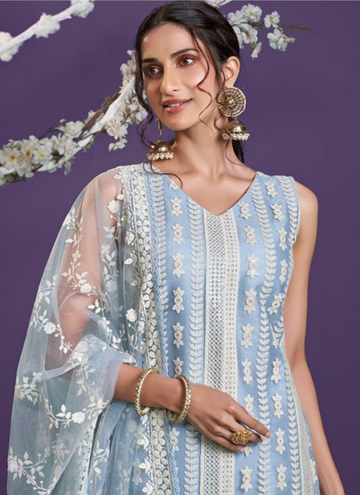 Light Blue Pant Style Suit in Lakhnavi Work Soft Net Fabric